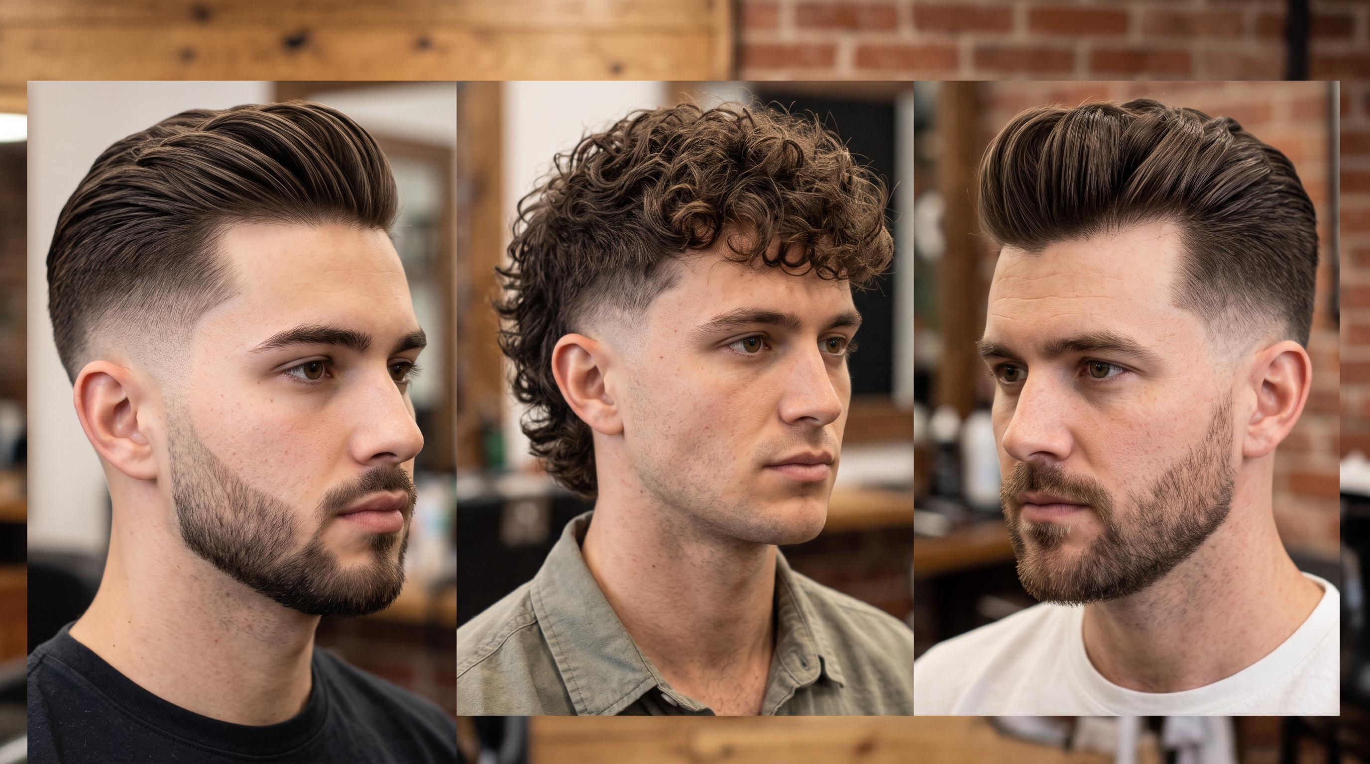 Tres ejemplos de cortes masculinos: Taper Fade, Mullet y Quiff
