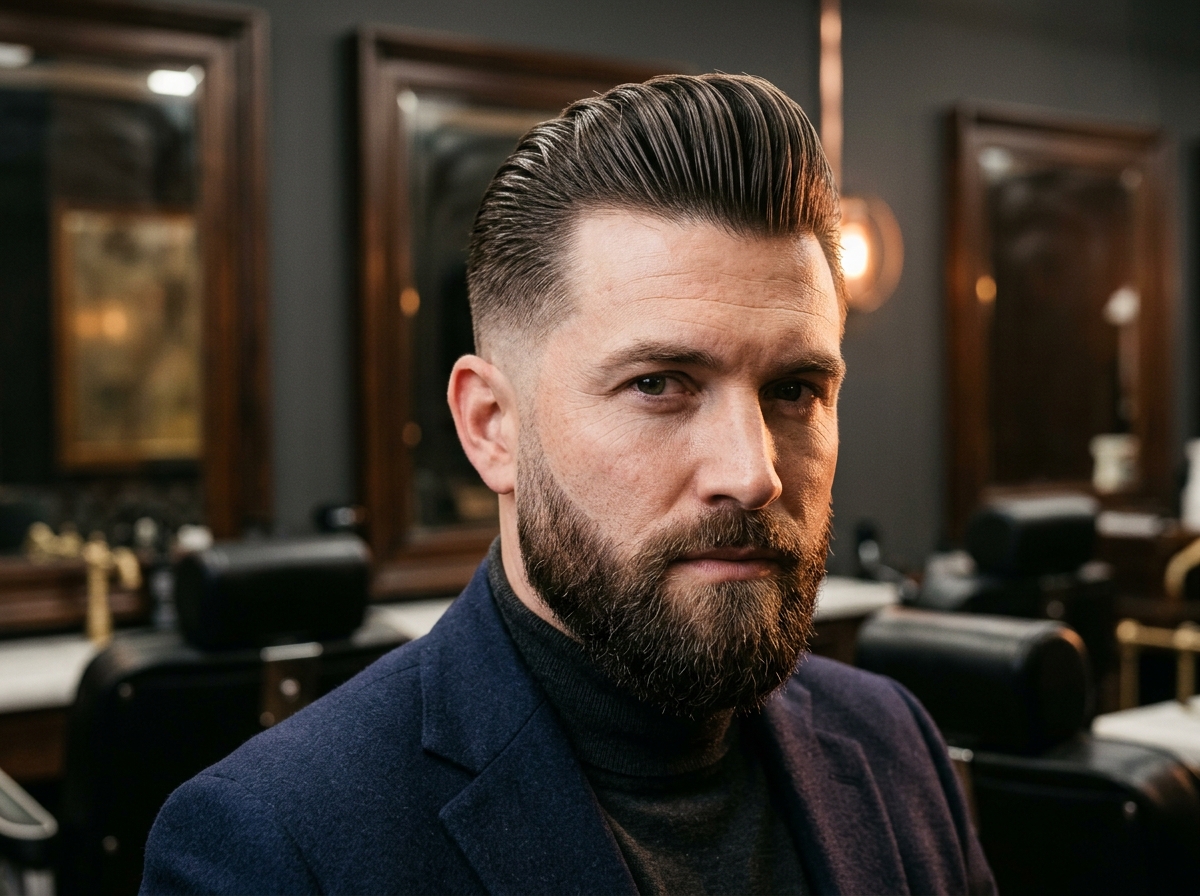 Corte Slick Back con Taper Fade y barba perfilada a navaja
