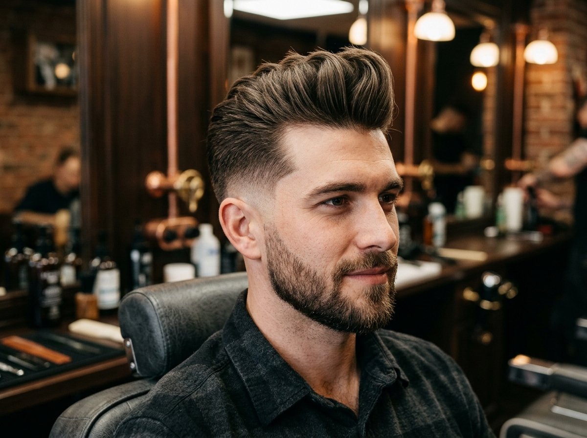 Corte Quiff voluminoso con acabado mate y Mid Fade